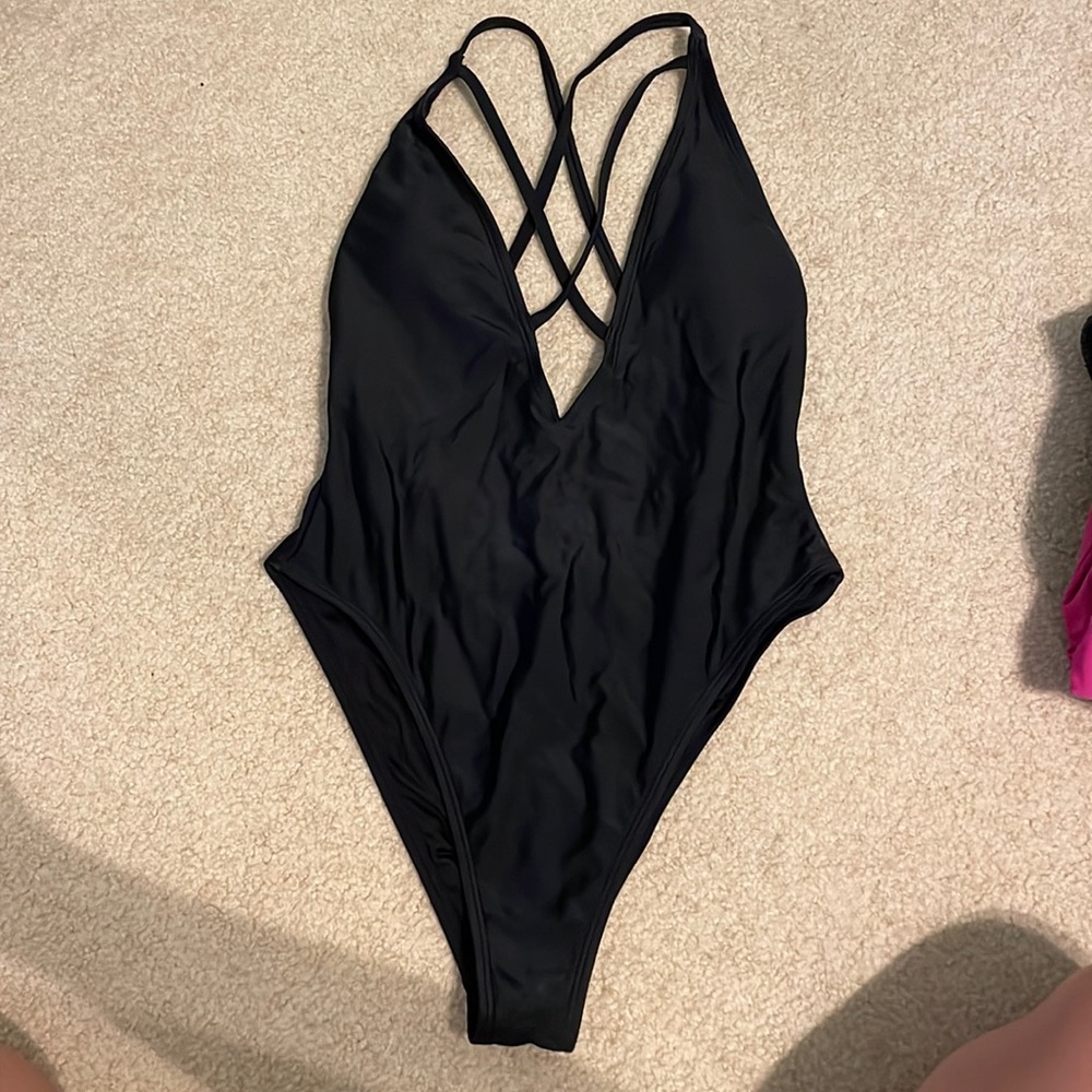 Open back one piece bathing suit